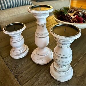 Rustic distressed white farmhouse pillar Candle Holder stands, mango wood, Set